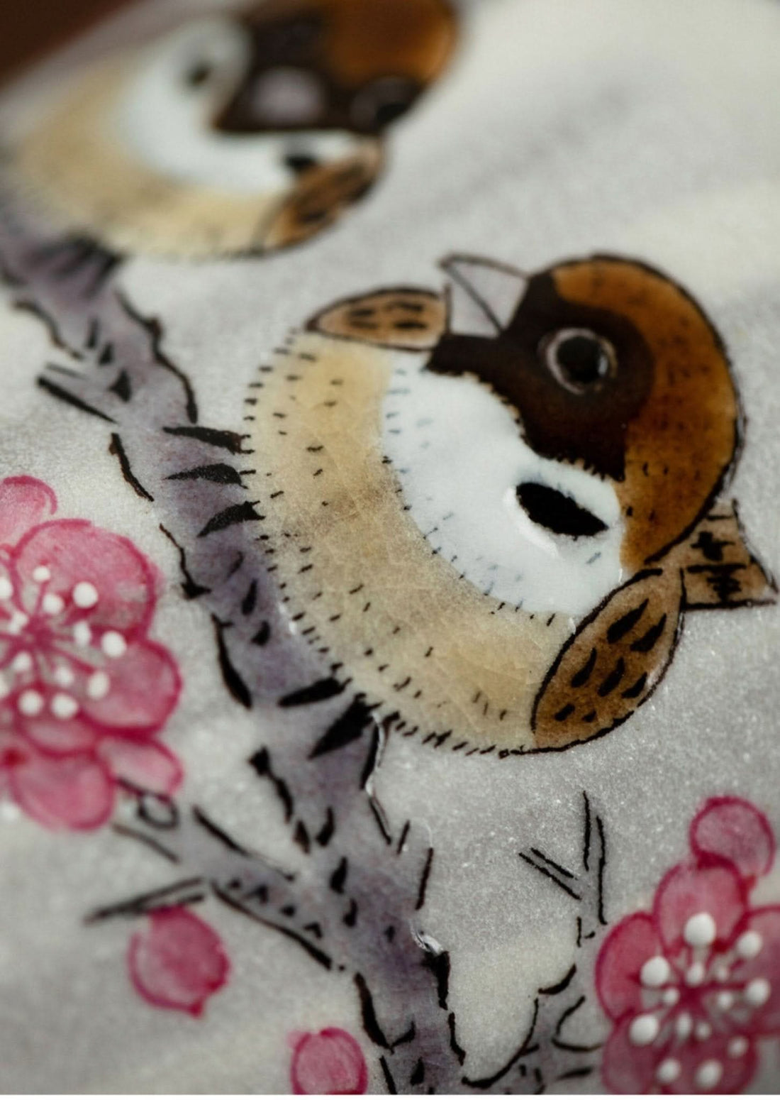 Hand-made mug with sakura tree & bird detail. Ceramic, glazed, Japanese pottery.