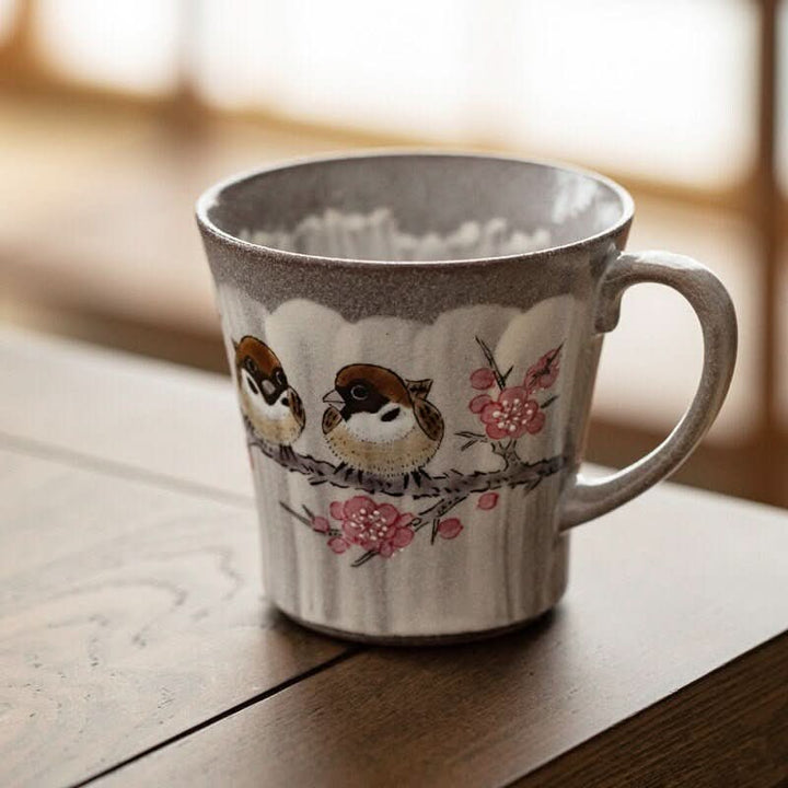 Hand-made mug with sakura tree and birds, 8oz ceramic, rustic glazed pottery from Japan.