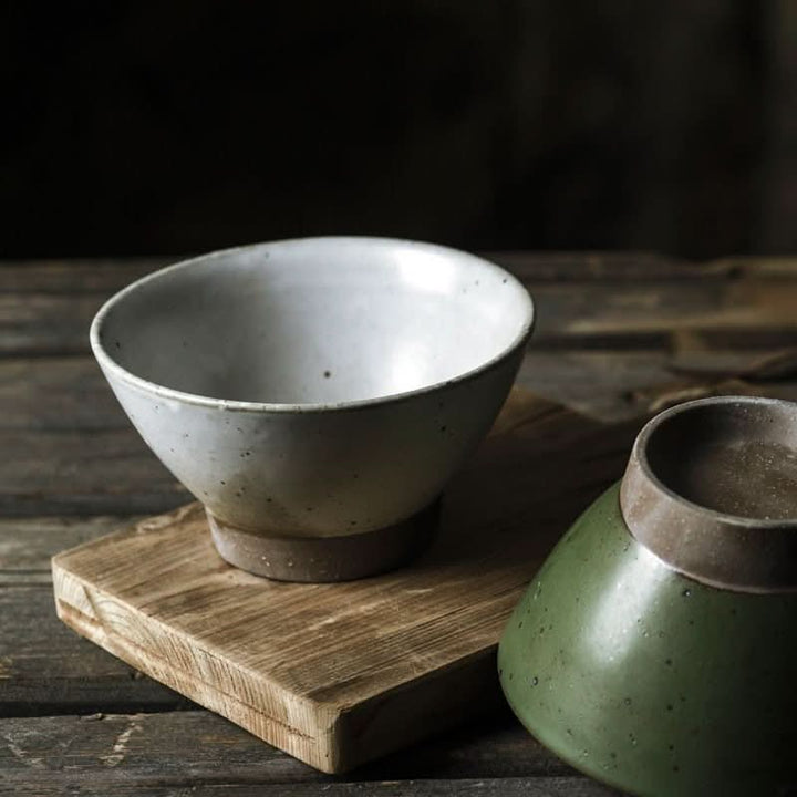 Handmade Rustic Clay Bowl 6.5" on wood, perfect for cereal, rice, pasta, or soup.