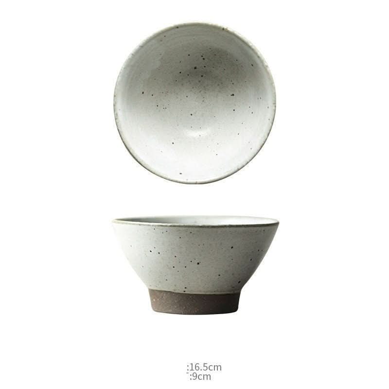Rustic clay bowl, 6.5", speckled white stoneware, dark base. Perfect cereal, rice, pasta, fruit, or soup bowl.