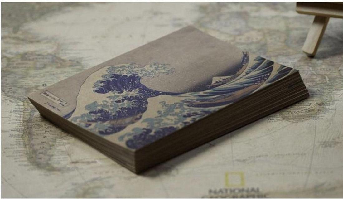 Hokusai Japanese Art Postcards: 30pc Ukiyo-E on kraft paper, blue wave design.