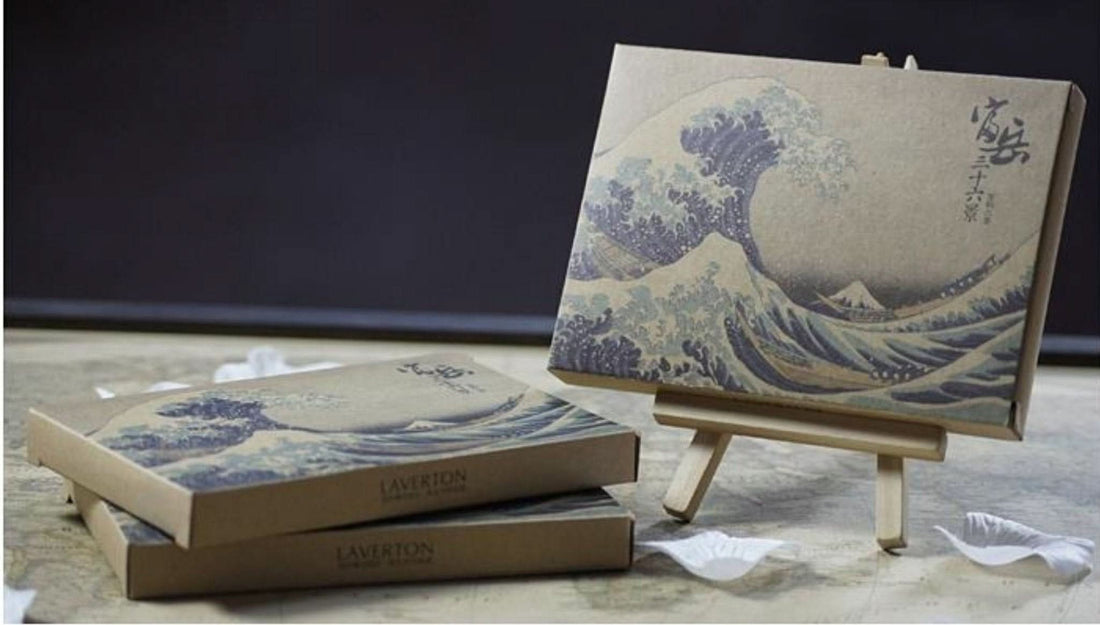 Hokusai Japanese Art Postcards: Ukiyo-E wave design on kraft boxes, home decor.