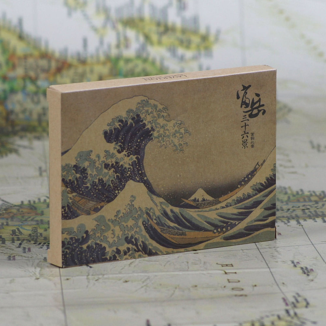 Hokusai Japanese Art Postcards featuring 'The Great Wave' in blue and green on Kraft paper.