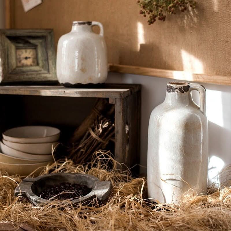Ice Cracked Glazed Mouth Pottery Vase centerpiece, cream stoneware with distressed rim, farmhouse decor.