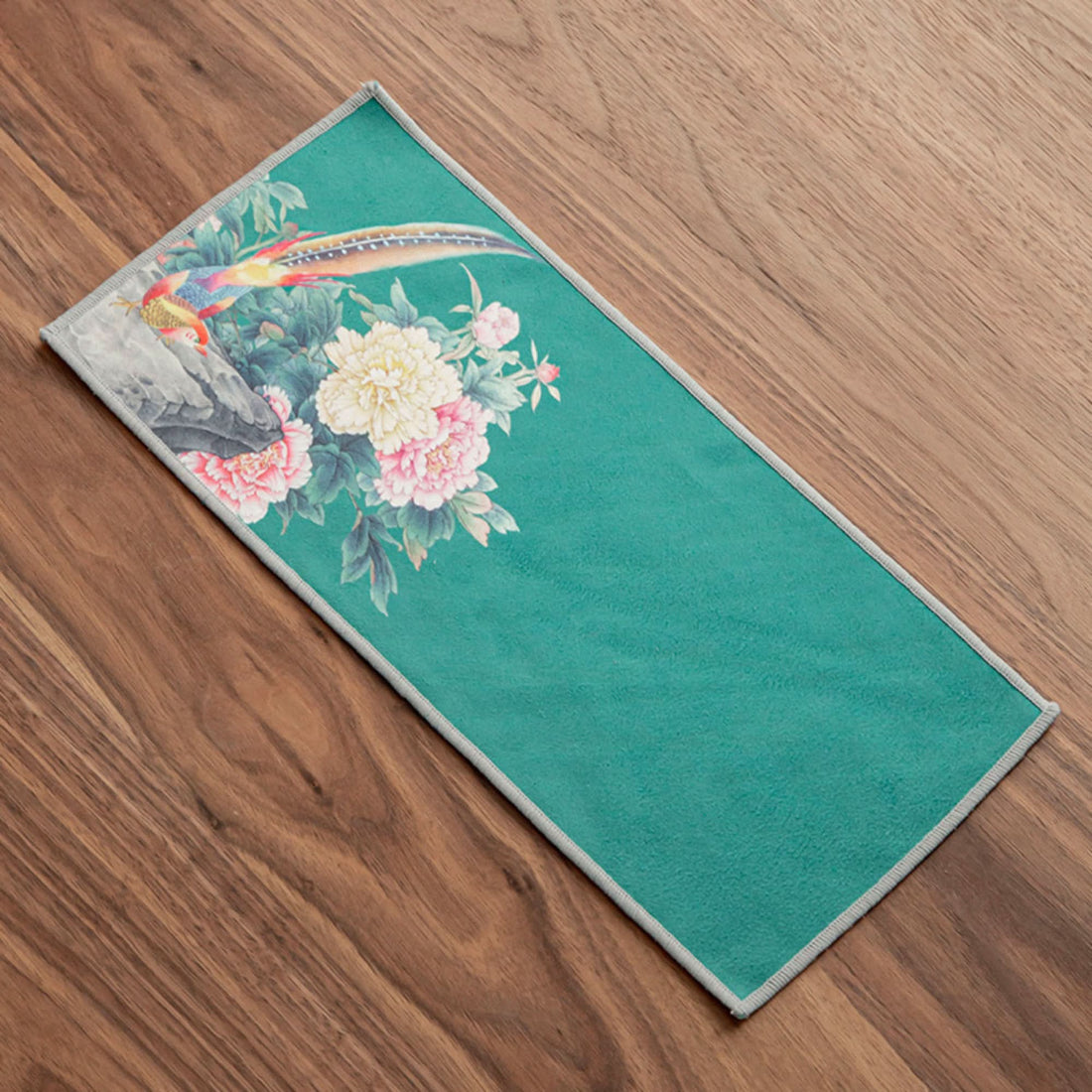 Ukiyo-e Japanese tea towels with vibrant bird & floral print on teal.