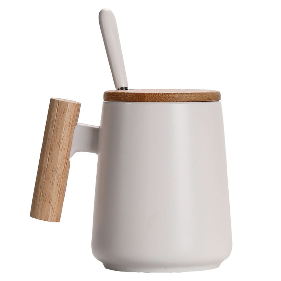Minimal Japanese style white ceramic coffee mug with wood handle and lid.