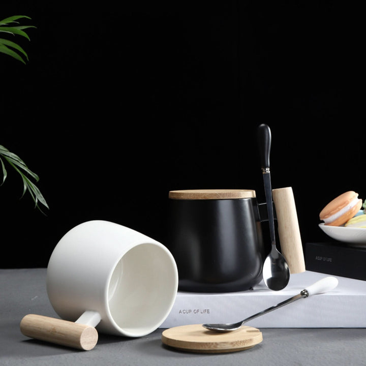 White & black Japanese style large coffee mug with wood accents.