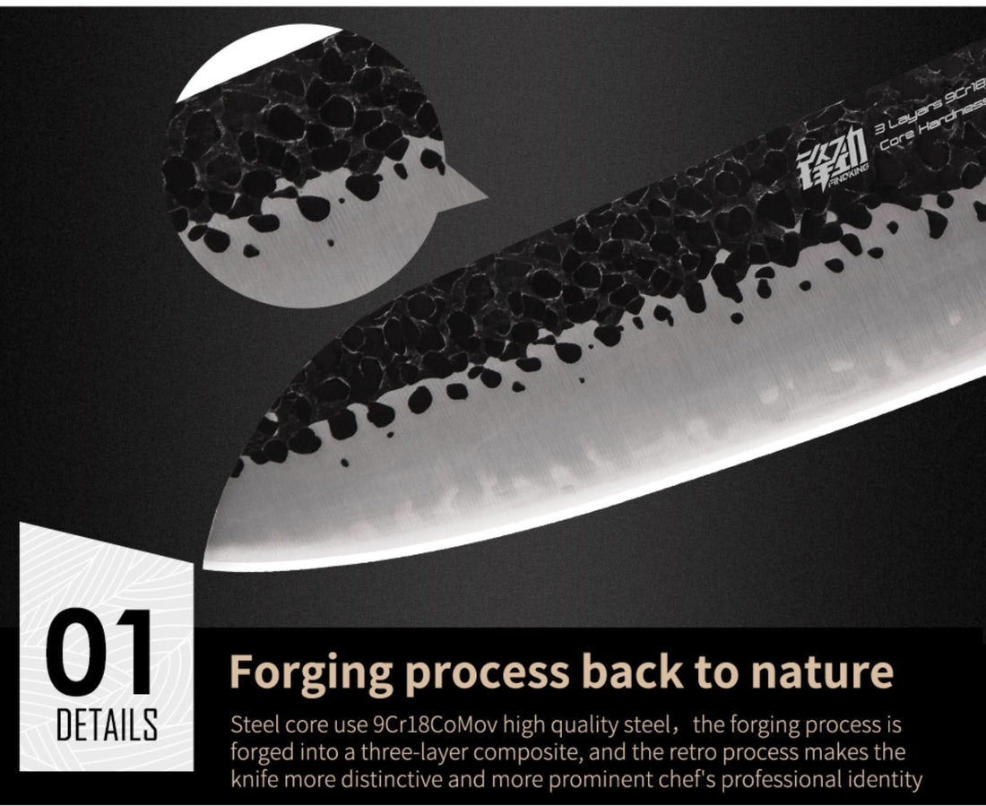 Japanese Forged Kitchen Knife with hammered steel finish, Santoku, Kiritsuke, Chef Knife, Gyuto.