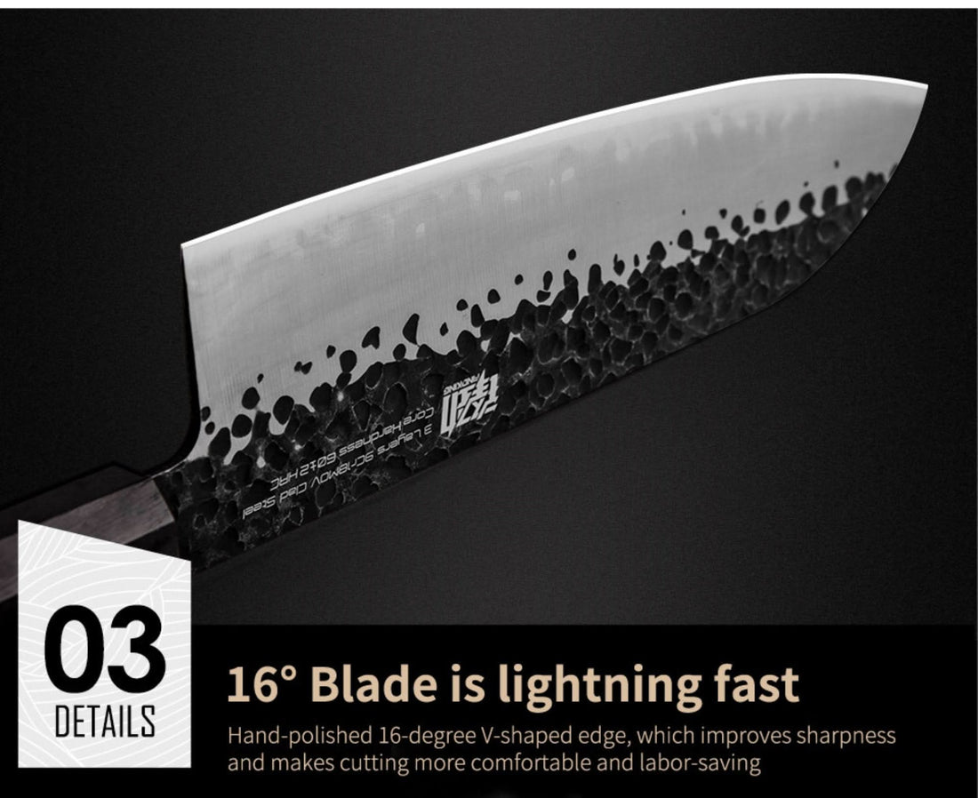 Forged Japanese Kitchen Knife, Santoku, Kiritsuke, Chef Knife, Gyuto with textured Damascus steel blade.