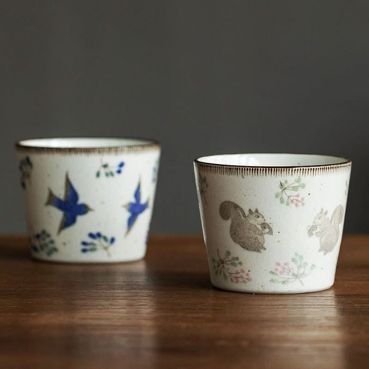 Japanese Mino-yaki ceramic cup with squirrels, 6.76oz. Handcrafted pottery home decor.