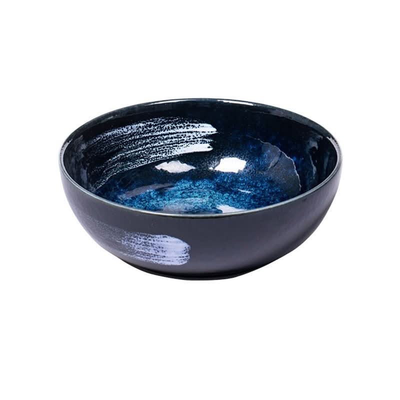 Japan Imported Mino Kiln Changed Brush Hair Ceramic Bowl: deep blue with white brushstrokes