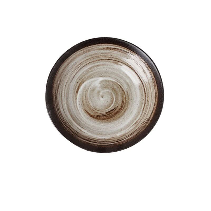 Japan imported Mino yaki deep dish with underglaze swirl design. Ceramic tableware.