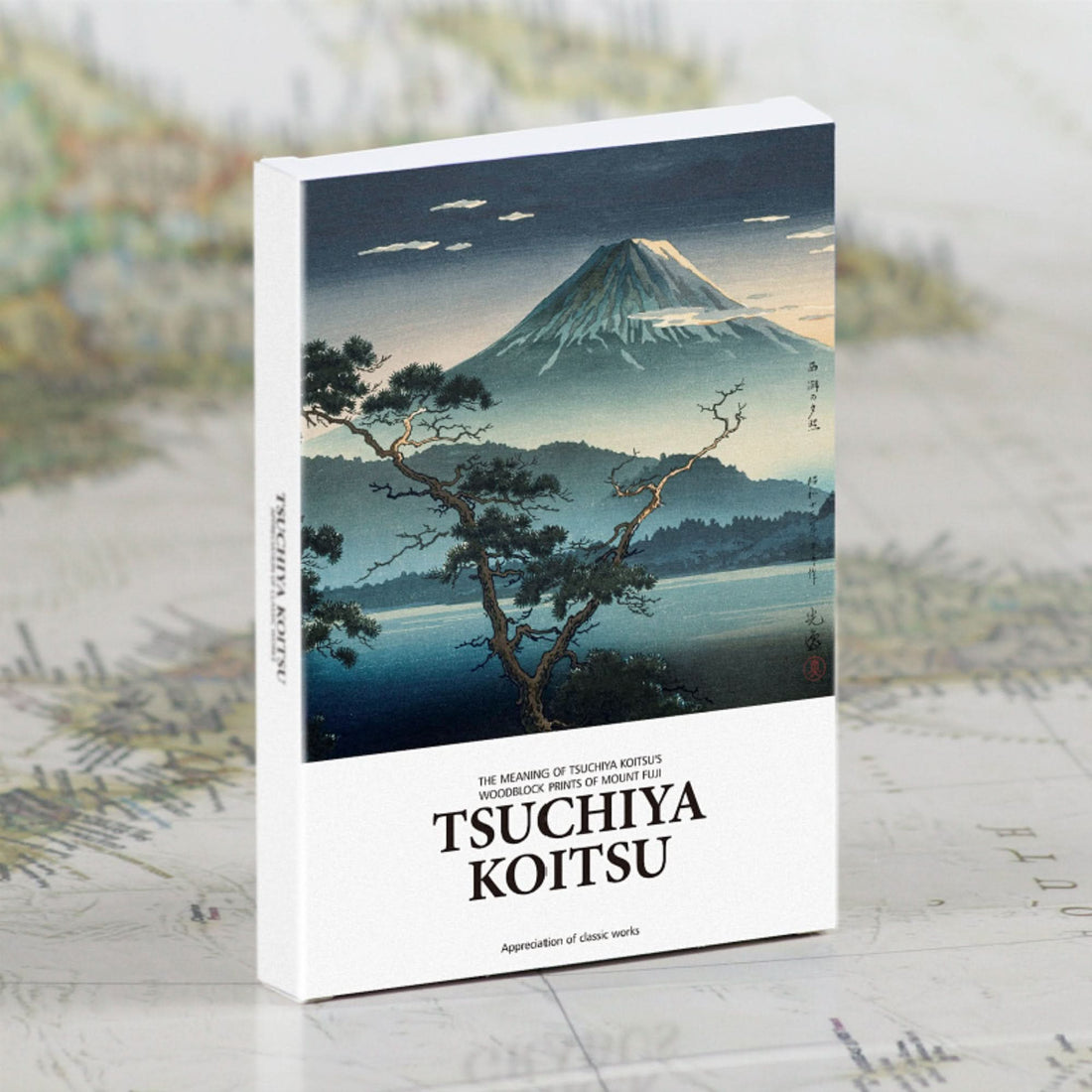 Japanese Art Postcards Tsuchiya Koitsu: Mt. Fuji woodblock print scene on card box.