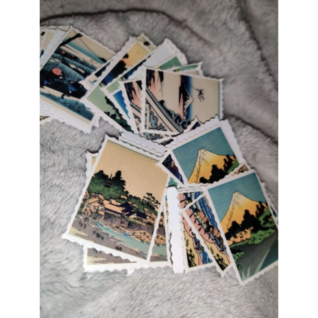 Japanese Postcards Stickers: Hokusai Ukiyo-E art on fuzzy grey background.