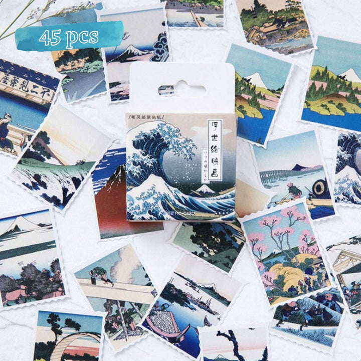 45 pcs Japanese Postcard Stickers featuring Katsuchika Hokusai Ukiyo-E art.