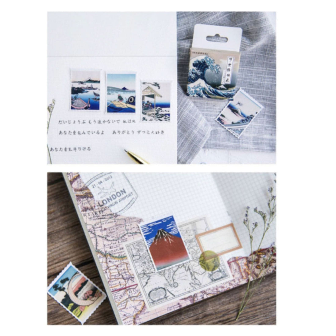Japanese Postcards Stickers: Katsuchika Hokusai Ukiyo-E art on paper, in blue, red & white.