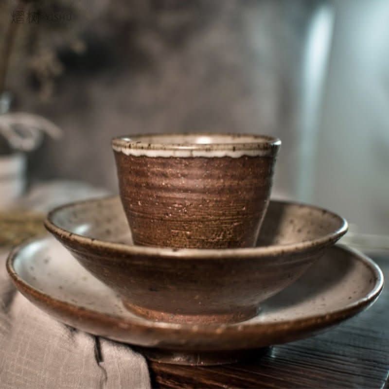 Japanese-style handmade rough pottery half-glazed tableware set retro wind dish set bowl dish home double set - -