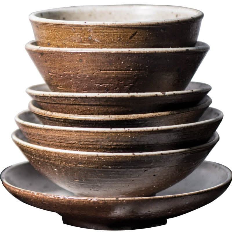 Japanese-style handmade rough pottery half-glazed tableware set retro wind dish set bowl dish home double set - -