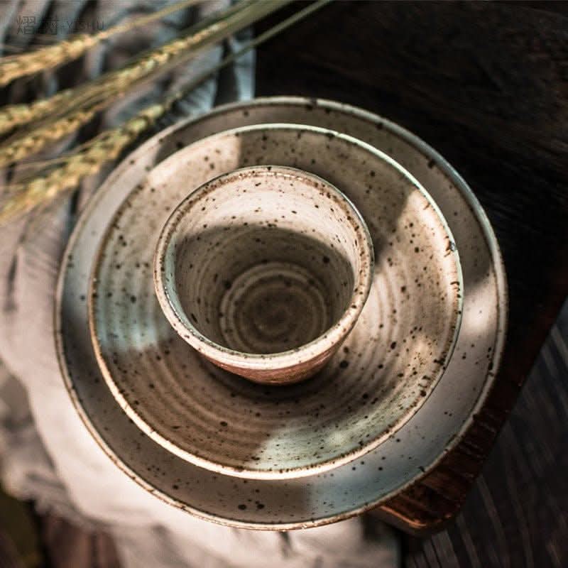 Japanese-style handmade rough pottery half-glazed tableware set retro wind dish set bowl dish home double set - -