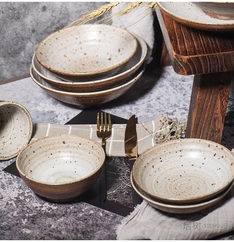 Japanese-style handmade rough pottery half-glazed tableware set retro wind dish set bowl dish home double set - -