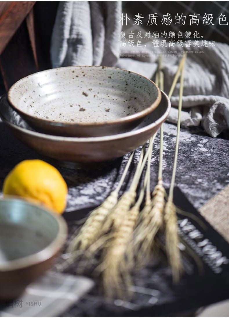 Japanese-style handmade rough pottery half-glazed tableware set retro wind dish set bowl dish home double set - -