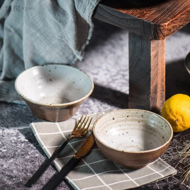 Japanese-style handmade rough pottery half-glazed tableware set retro wind dish set bowl dish home double set - -