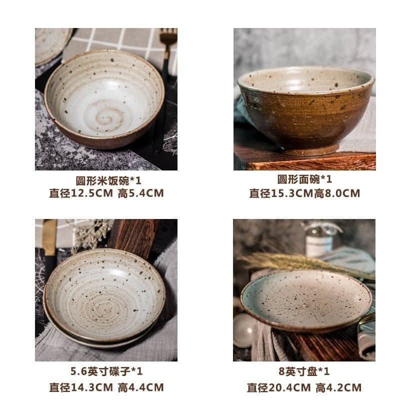 Japanese-style handmade rough pottery half-glazed tableware set retro wind dish set bowl dish home double set - -