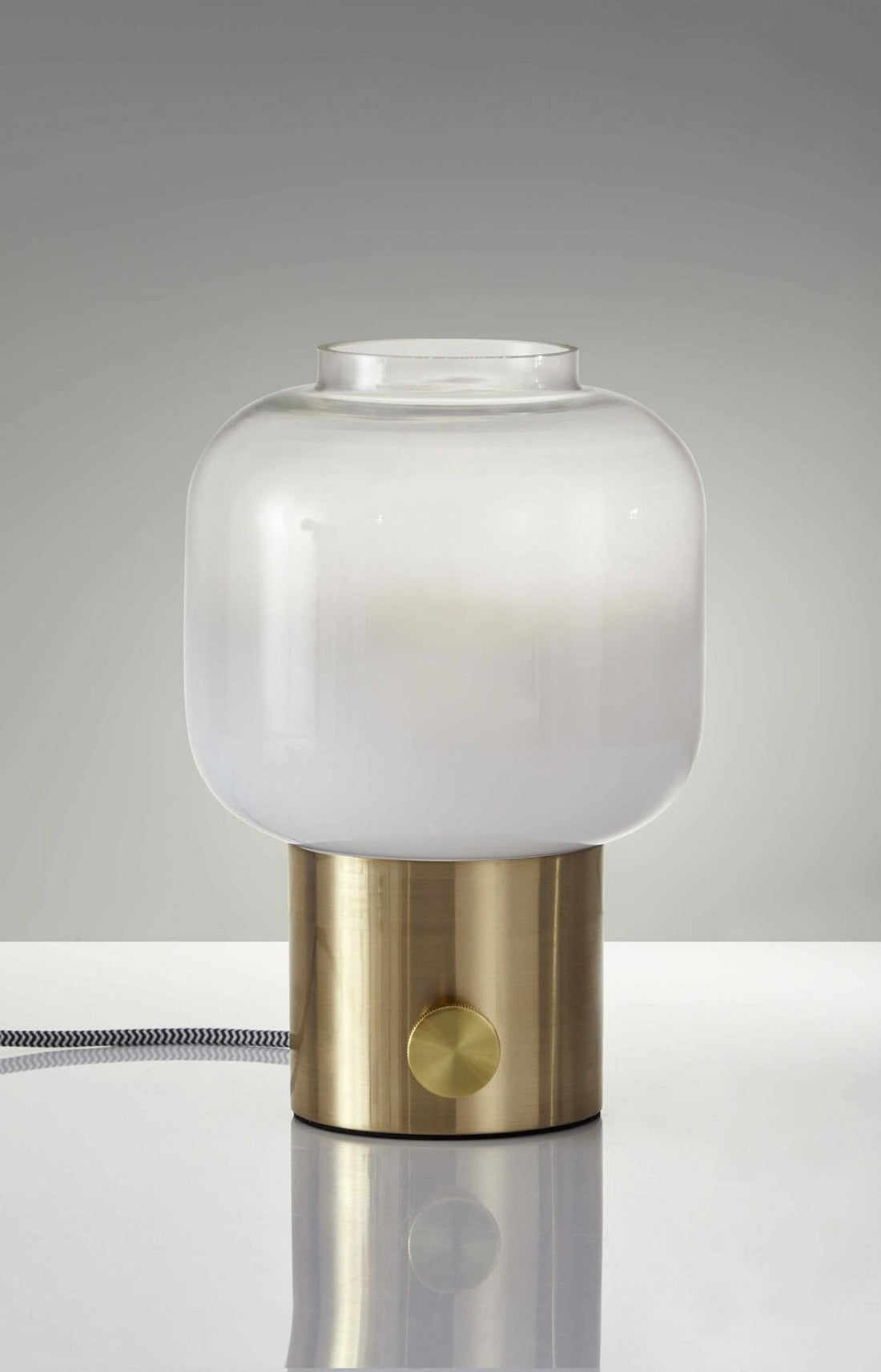 Mod Pod Brass Glass Table Lamp with white frosted glass and brass base.