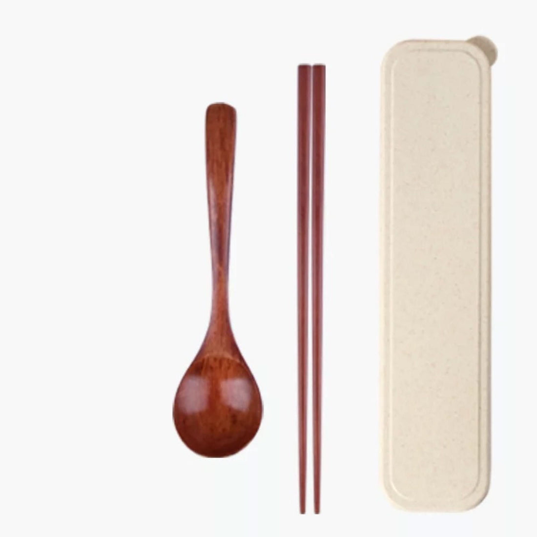 Portable Wood Utensils With Case: natural wood spoon, chopsticks, and light beige case