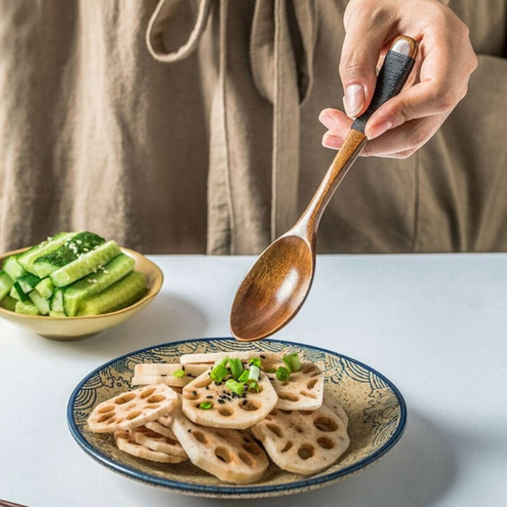 Natural wood portable utensil set: spoon, chopsticks & rest in a case, with lotus root.