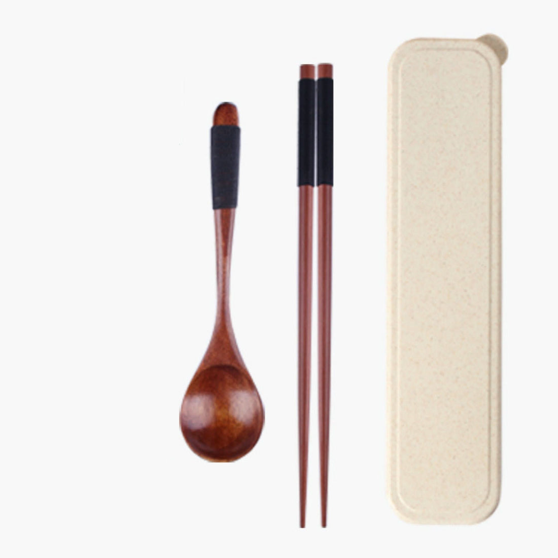 Portable wood utensils with case: natural spoon, chopsticks, and beige case on white background.