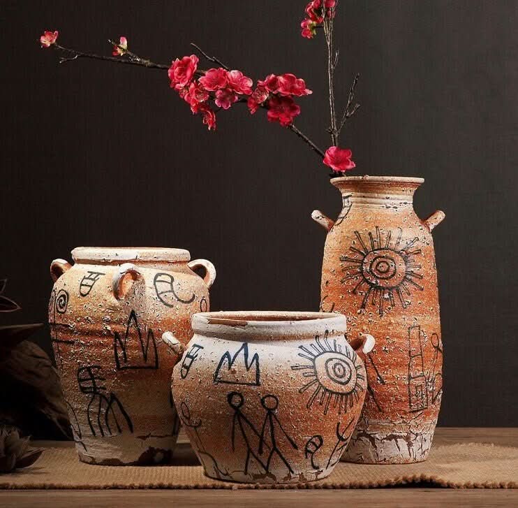 Primitive Paintings Pottery Vase - -