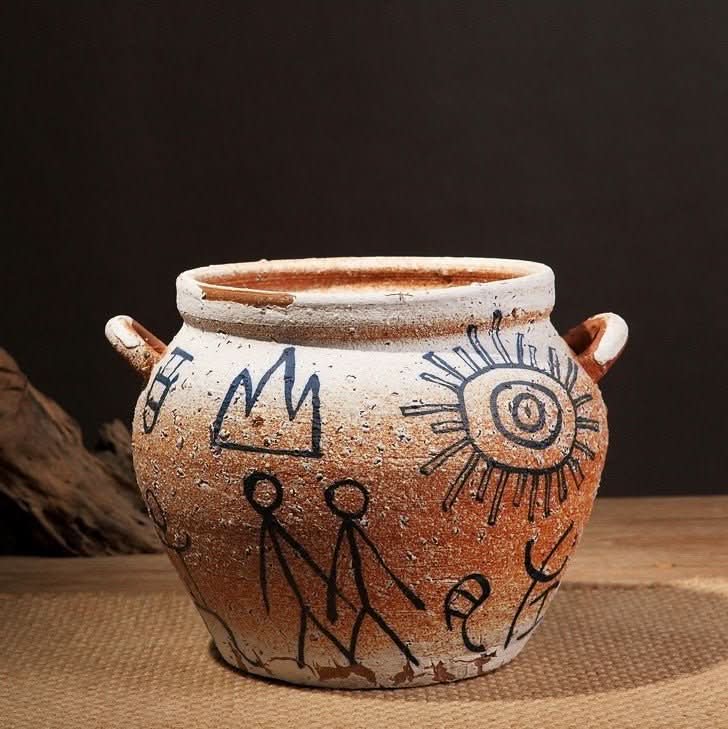 Primitive Paintings Pottery Vase - -