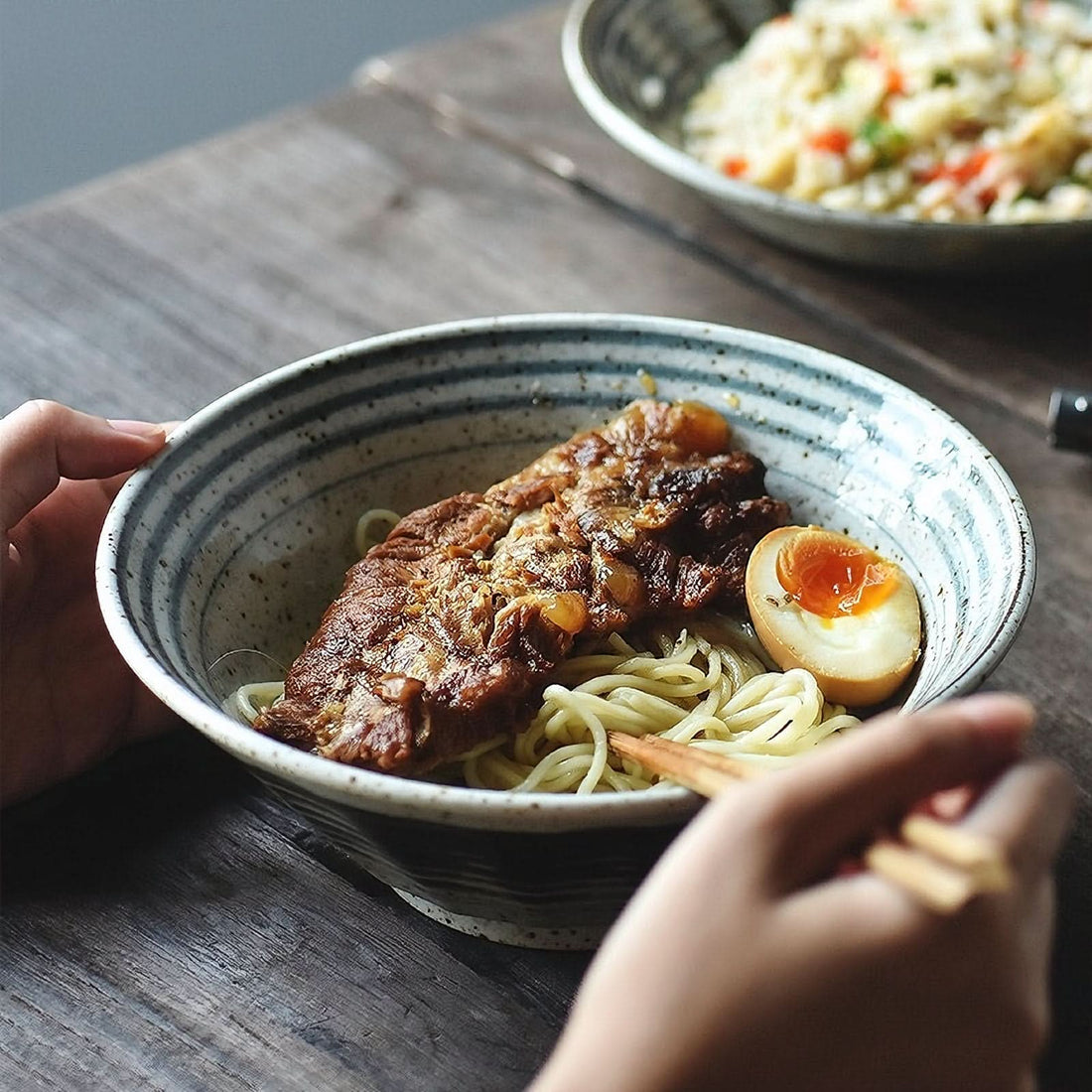 Japanese Ramen Bowl Pottery Firing Snow Effect 8" with pork and egg on noodles.