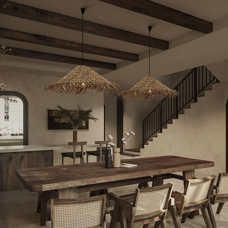 Rattan Hat Shaped Lampshade - Boho, Restaurant, Chandelier, Bedroom, Straw - -