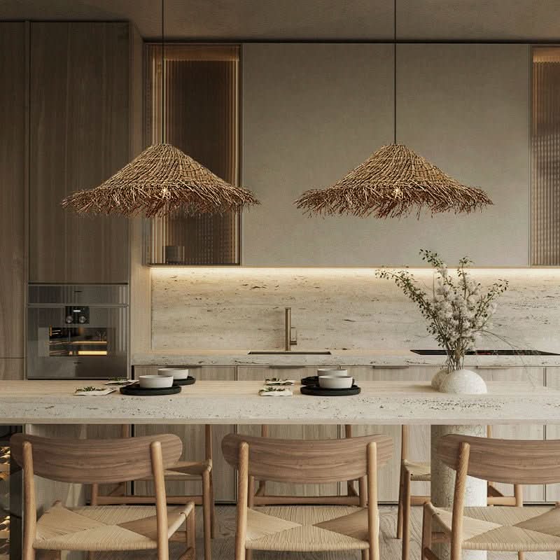 Rattan Hat Shaped Lampshade - Boho, Restaurant, Chandelier, Bedroom, Straw - -