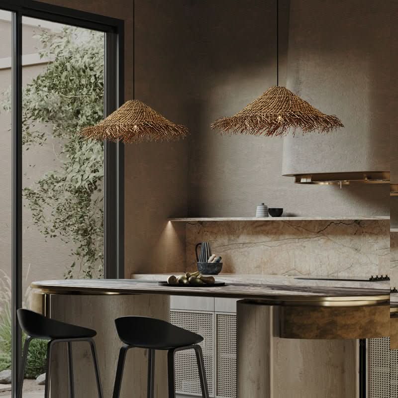 Rattan Hat Shaped Lampshade - Boho, Restaurant, Chandelier, Bedroom, Straw - -