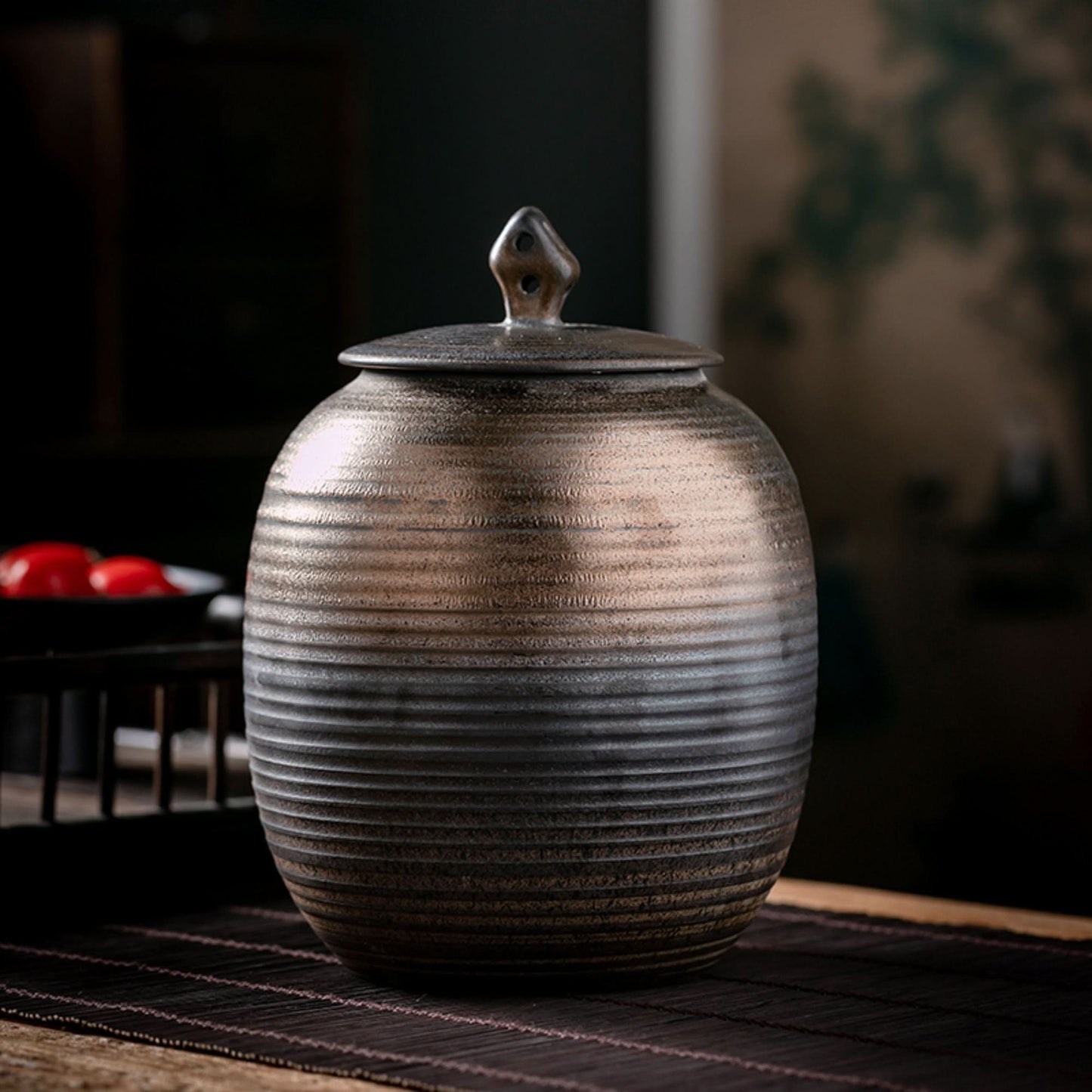 Rustic Round Ceramic Tea Can With Lid | Japanese Tea Can, Tea, Coffee, Sugar, Flour, Spices, Herbs, Candy Jar - -