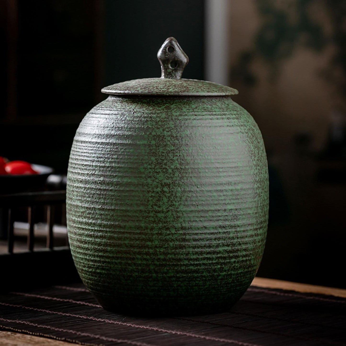 Rustic Round Ceramic Tea Can With Lid | Japanese Tea Can, Tea, Coffee, Sugar, Flour, Spices, Herbs, Candy Jar - -