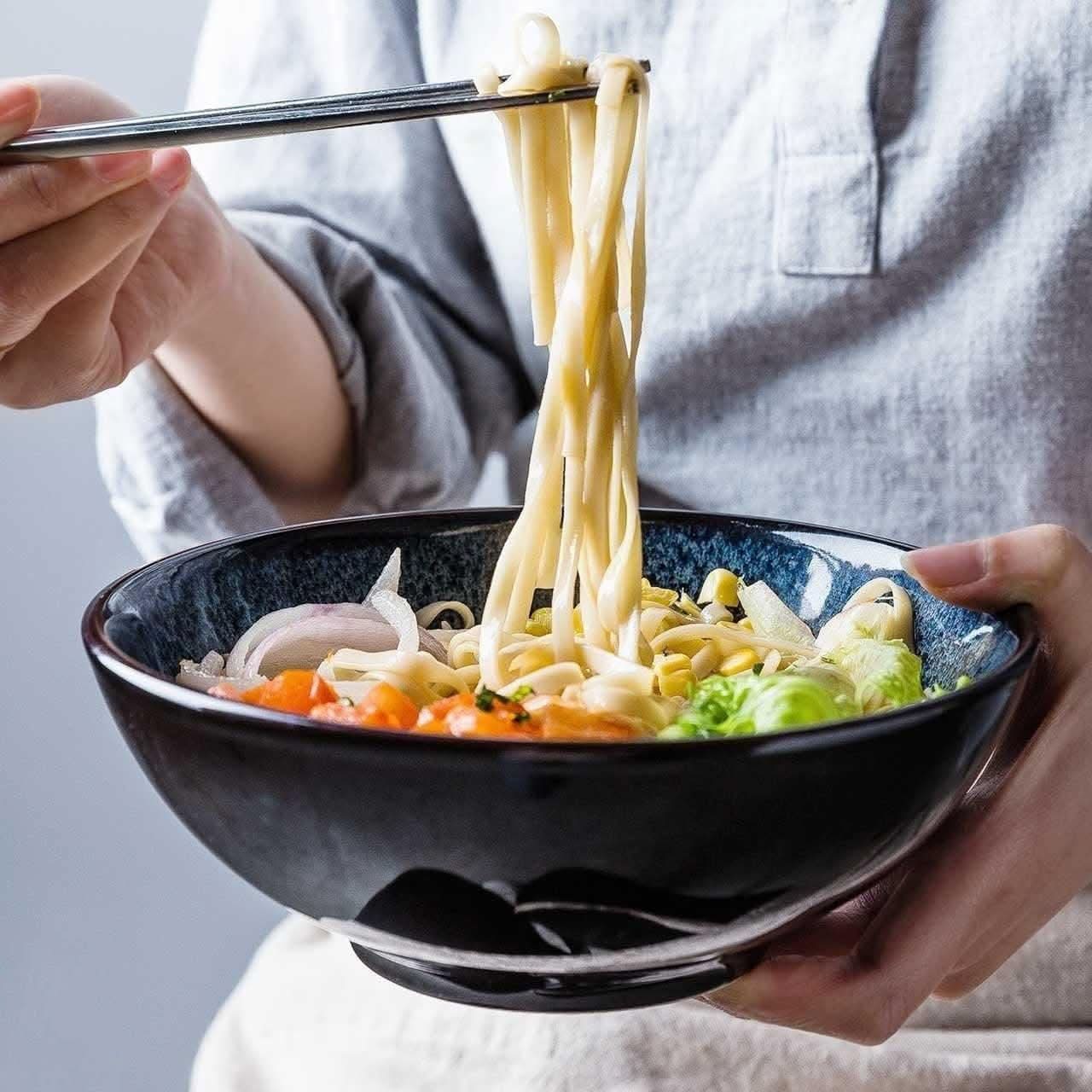 Set of 3 Ceramic Black Bowl With Blue Glaze Inside 5.9" Bowl | Noodle, Soup, Stoneware, Cereals, Rice, Pasta, fruit bowl, asian soup bowl - -