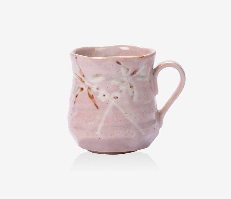Shino-Yaki mug, pink ceramic with floral design, handmade in Japan.