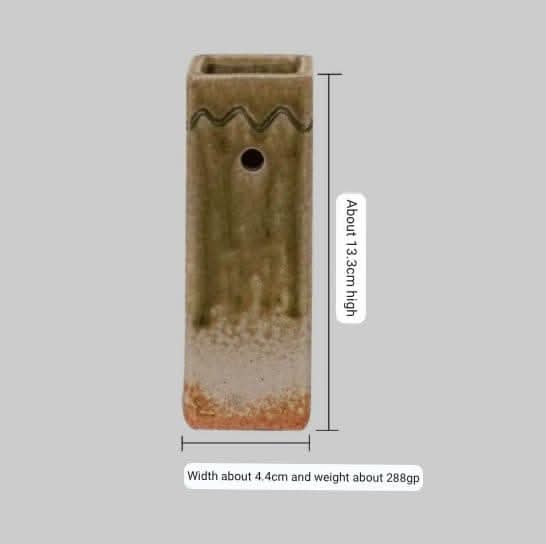 Shigaraki ceramic slab pottery flower vase, earthy green glaze, rustic home decor.