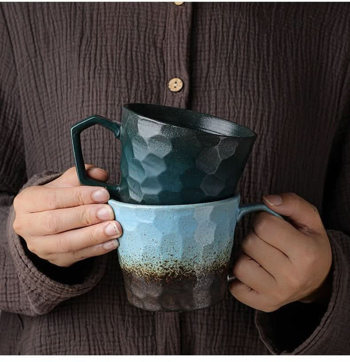 Stoneware Coffee Cup Vintage Japanese Style Mug: blue and teal textured mugs held by hands.