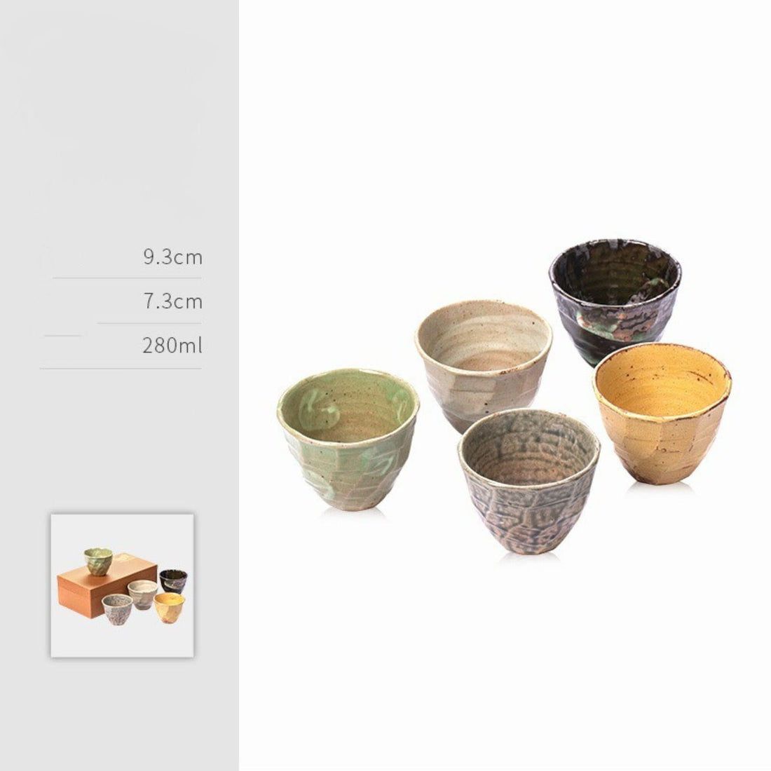 Set of 5 Japanese Cups (9.4oz) in earthy tones with textured ceramic finish. Home decor.
