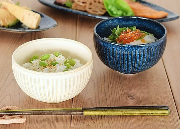 Japan-imported Stoneware Soup Bowls: Cream bowl with edamame, blue bowl with ikura & greens on rice.