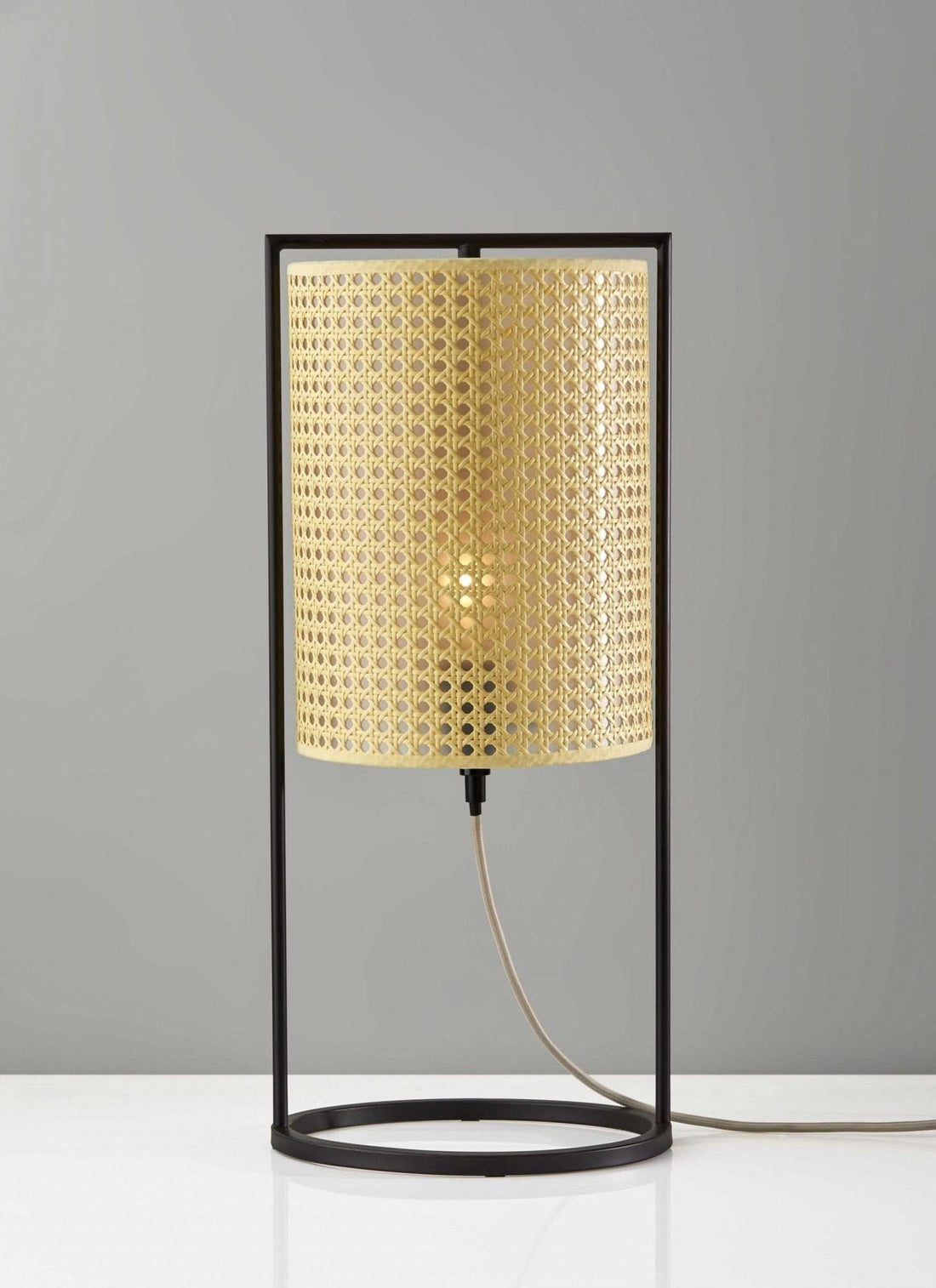 Tall Cane Shade Table Lamp with black frame and woven natural shade