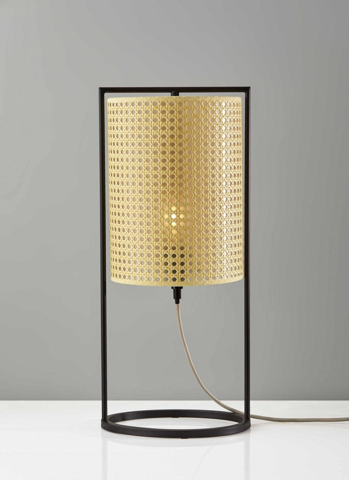 Tall Cane Shade Table Lamp with black frame and woven natural shade