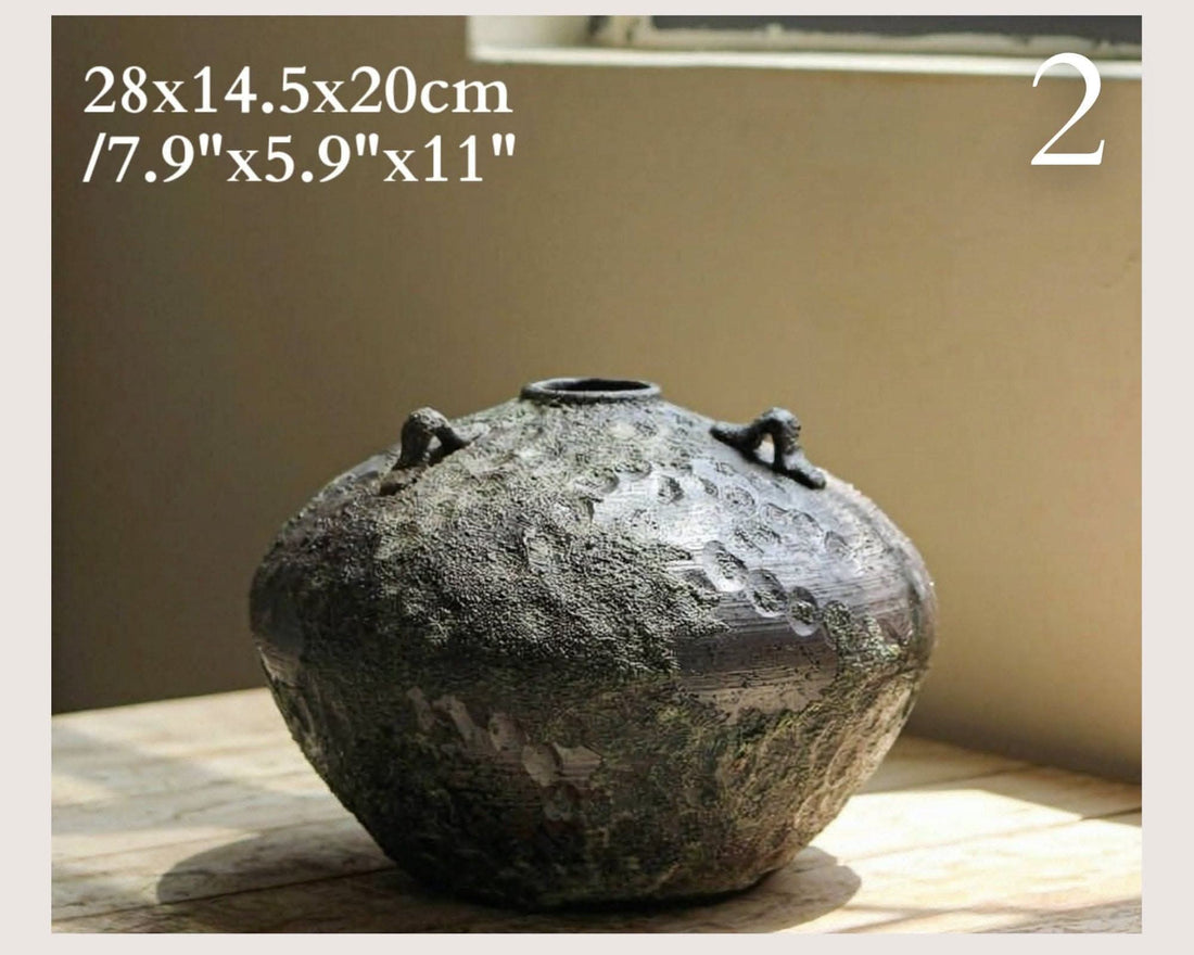 Wabi-Sabi Distressed Rustic Vase, textured grey-green ceramic with handles, home decor.
