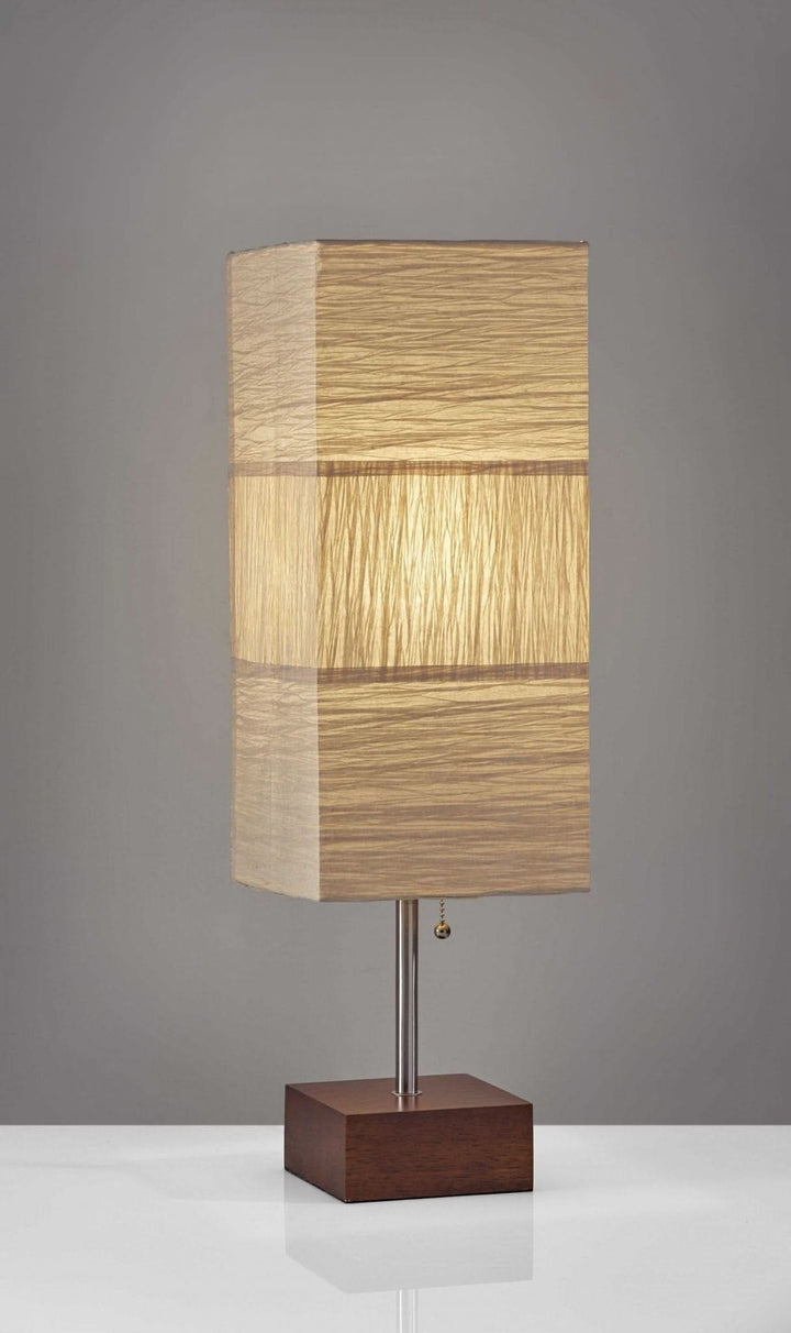 ZigZag Tan Paper Shade Table Lamp with Walnut Base, Mid Century, Japanese, Scandinavian style.