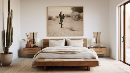 Bed with cactus picture, white bedding, pillow, and close-up pot.